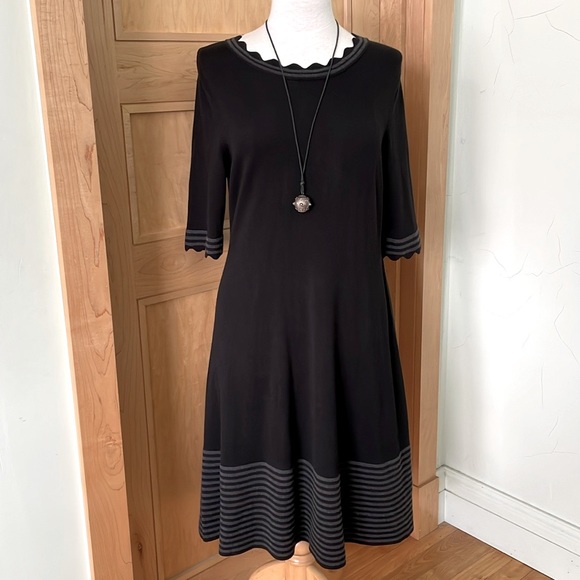 Vince Camuto Black And Grey Cotton Blend Fitted/Flare Midi Dress, Size L - Picture 1 of 14